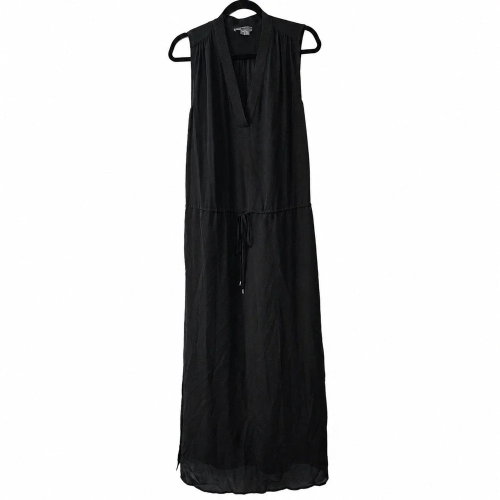 Vince Maxi Dress S Black 100% Silk Sleeveless V-Neck Drawstring Waist Minimalist
